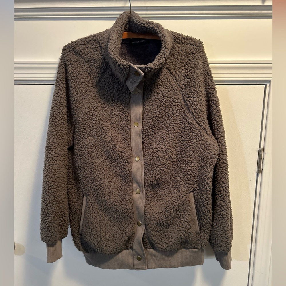 Merokeety Women’s Retro Deep Pile Teddy Bear‎ Sherpa Fleece Jacket, Gray Sz Med